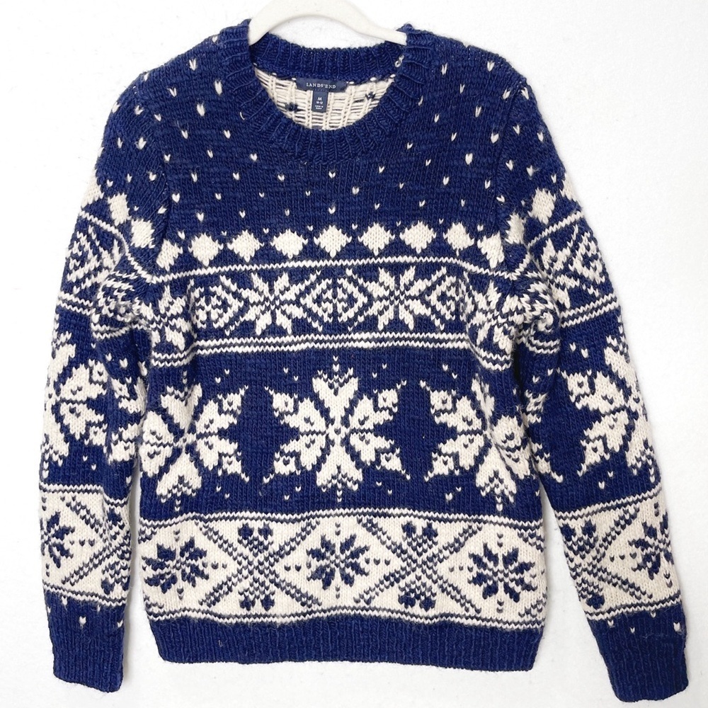 Lands’ End Snowflake Sweater Wool Blend Navy White Thick Size Medium